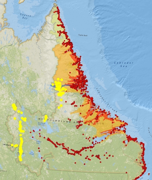 Red & yellow dots are the known archaeology sites in Labrador today. The yellow dots are western Labrador sites within 75km of the Quebec border