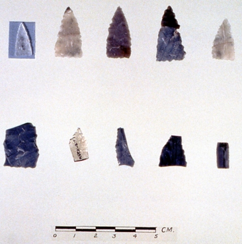 Typical assortment of Pre-Dorset serrated endblades, graves and a microblade fragment (Hood).