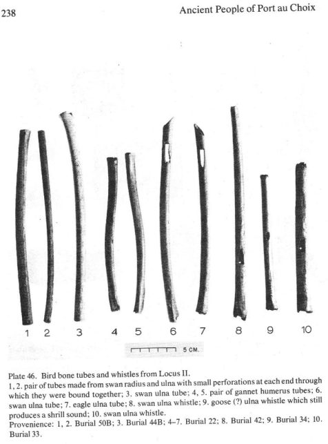 From Port au Choix, artifacts 8-10 are thought to be flutes or whistles (Tuck 1976: 238)