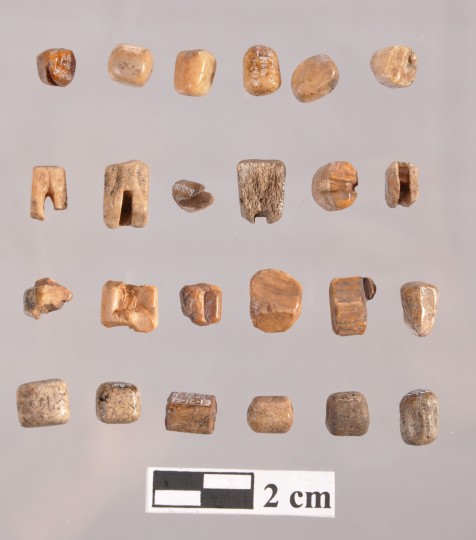 The top row specimens are all ivory and cylindrical with the exception of the specimen on the far left. The second row includes examples that have socket-like grooves in them. The fourth from the left in this row is made of sea mammal bone. The third row is made up of amorphously-shaped examples, and the bottom row is made of bone or antler examples that are generally cylindrical in shape. (Wells 2012: 274)