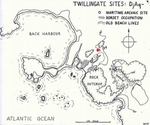 Map of Back Harbour drawn by Don MacLeod, showing the locations of the confirmed Dorset Paleoeskimo and Maritime Archaic Amerindian sites (courtesy Donald MacLeod) (Temple 2007). Red dot is Curtis site. 